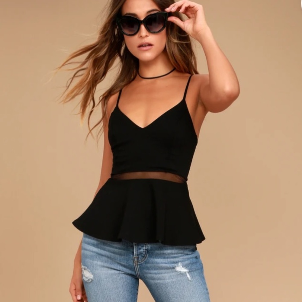 LULU’S Keen Interest Black Mesh Peplum Top